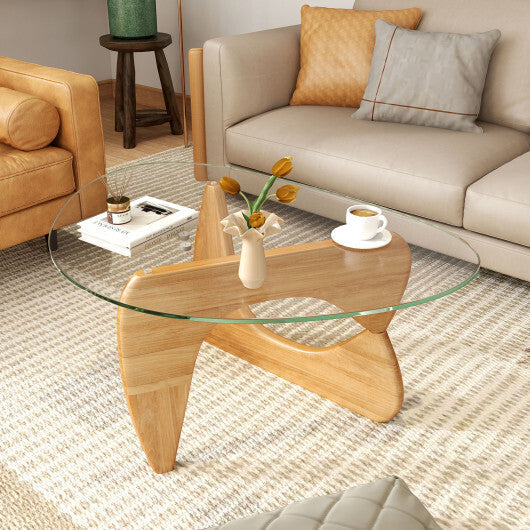 Triangle Coffee Table with Tempered Glass Top and Adjustable Rubber Wood Base-Walnut