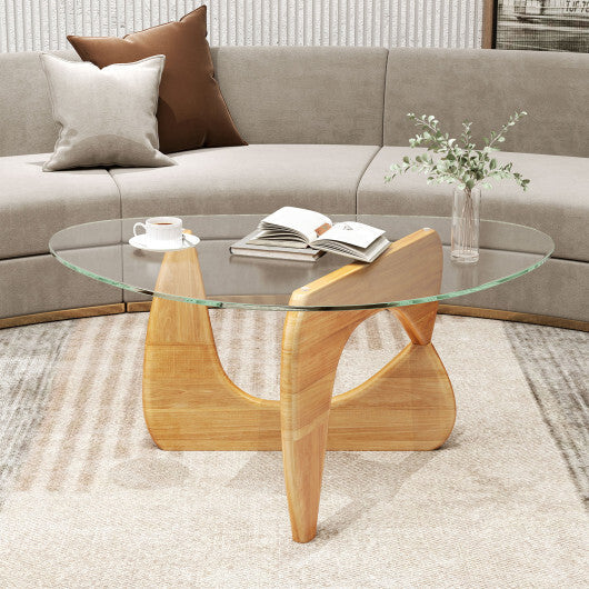 Triangle Coffee Table with Tempered Glass Top and Adjustable Rubber Wood Base-Walnut