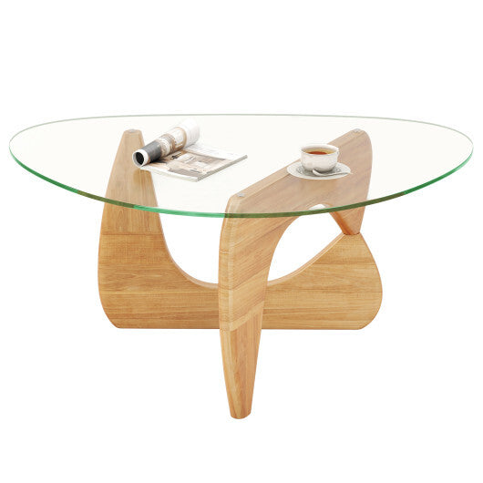 Triangle Coffee Table with Tempered Glass Top and Adjustable Rubber Wood Base-Walnut