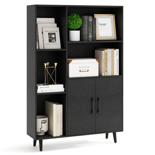 4 Inch Floor Bookshelf with 5 Open Compartments and Storage Cabinet-Black