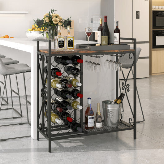 21 Bottle Wine Rack Freestanding Floor Wine Bottle Organizer with Glass Holder-Rustic Brown