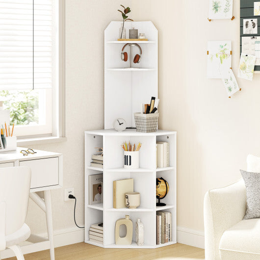 6-Tier Corner Shelf with Charging Station and 2 USB Ports-Brown