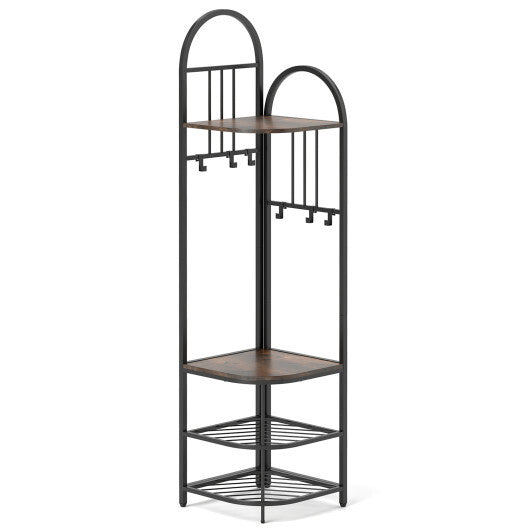 4-Tier Coat Rack Corner Hall Tree with Shoe Storage Bench-Natural