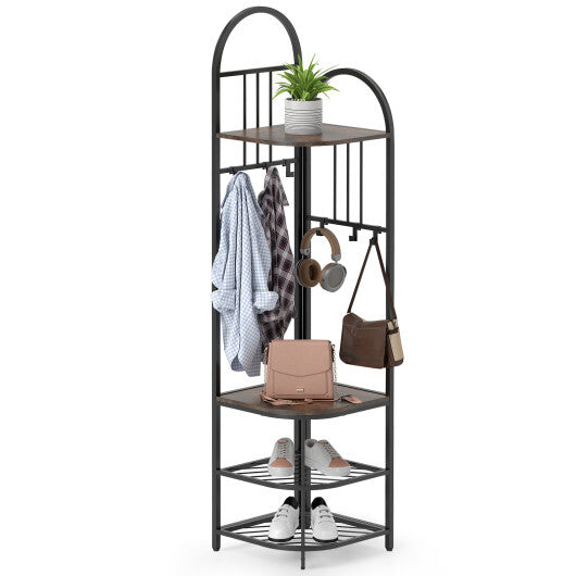 4-Tier Coat Rack Corner Hall Tree with Shoe Storage Bench-Natural