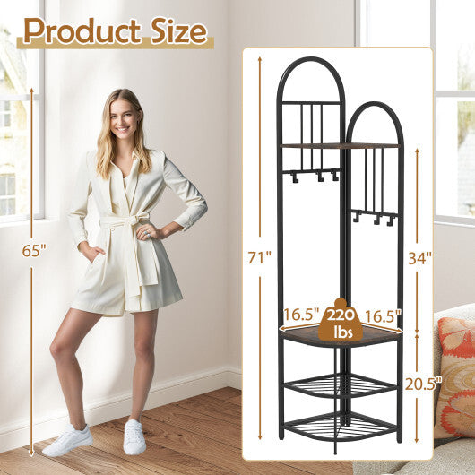 4-Tier Coat Rack Corner Hall Tree with Shoe Storage Bench-Natural