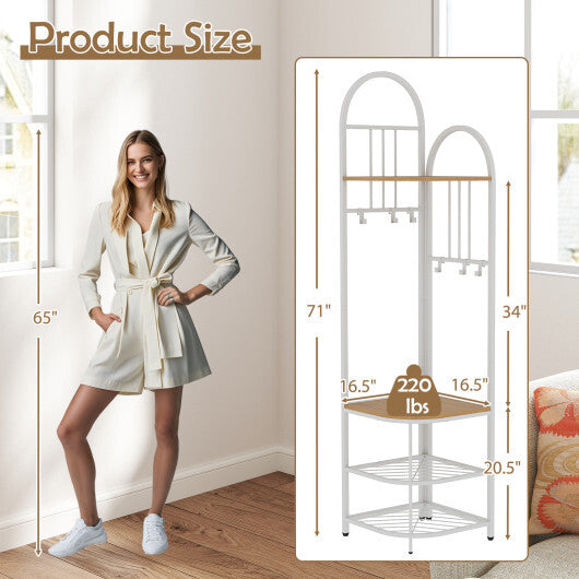 4-Tier Coat Rack Corner Hall Tree with Shoe Storage Bench-Natural