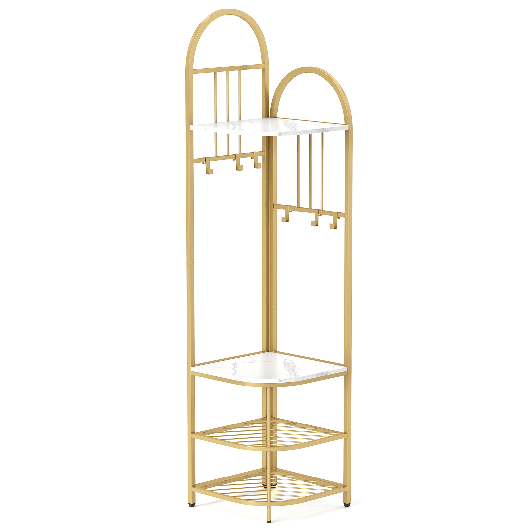 4-Tier Coat Rack Corner Hall Tree with Shoe Storage Bench-Natural
