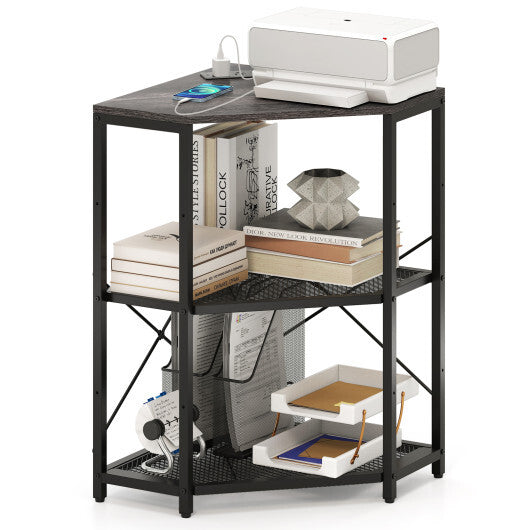 Corner Printer Stand with Power Outlet 3-Tier Storage Rack with Adjustable Shelf-Black