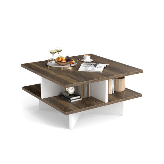 2-Tier Square Coffee Table with 4 Storage Compartments-Walnut
