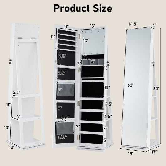 360 Swivel Jewelry Cabinet with Full Length Mirror-White