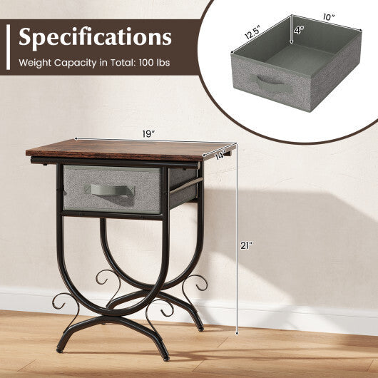 Side Table with Fabric Drawer and Carved Metal Frame for Living Room