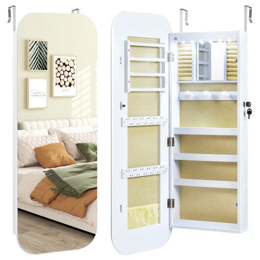 6 LEDs Mirror Jewelry Cabinet Wall or Door Mounted Lockable Jewelry Organizer-White