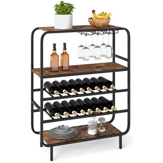 16 Bottle Wine Rack with 5-Tier Wine Shelf and Glass Holders for Kitchen Bar-Rustic Brown