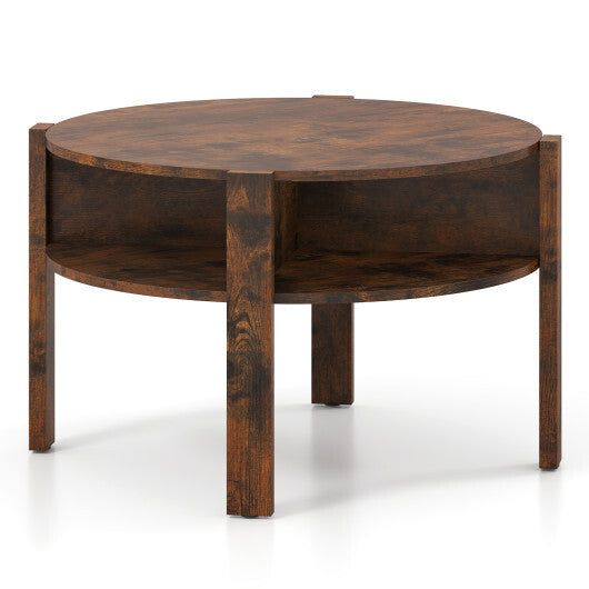 29.5 Inch Round Coffee Table with Storage Shelves for Small Space-White