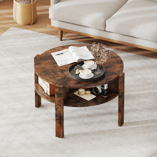 29.5 Inch Round Coffee Table with Storage Shelves for Small Space-White