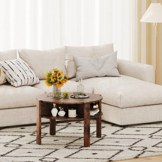 29.5 Inch Round Coffee Table with Storage Shelves for Small Space-White