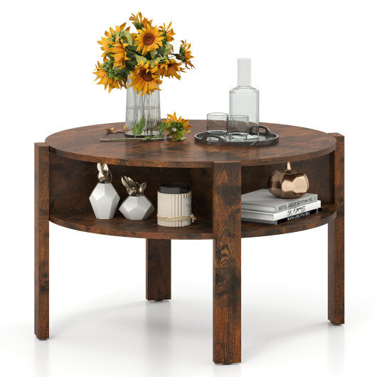 29.5 Inch Round Coffee Table with Storage Shelves for Small Space-White
