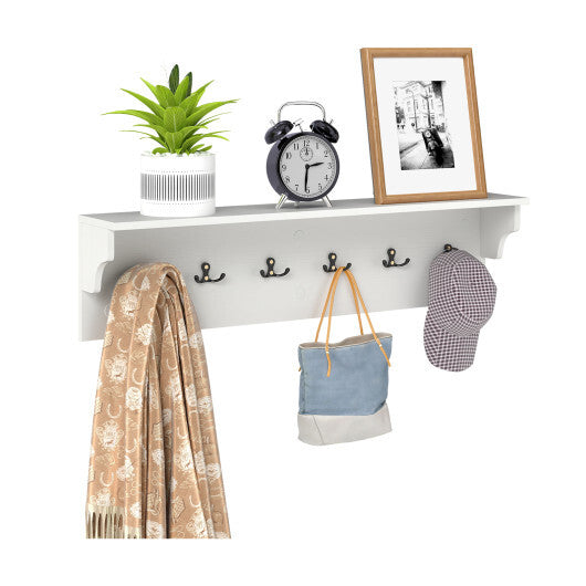 Wall Hooks with Shelf 31.5inch Wooden Coat Rack with 6 Hooks for Hats Towels Purses Robes-Natural