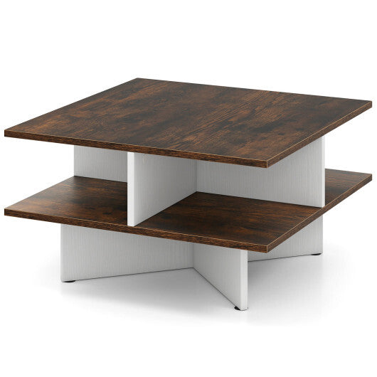 2-Tier Square Coffee Table with 4 Storage Compartments-Rustic Brown