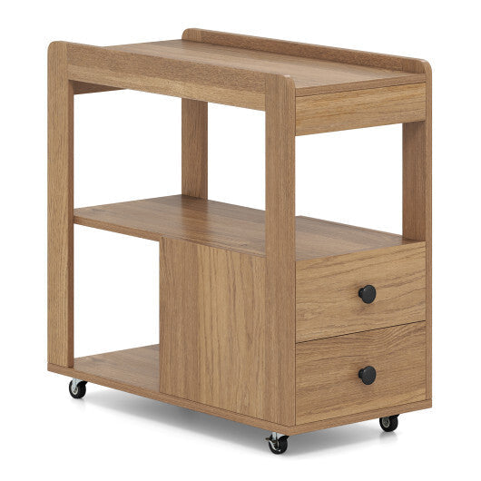 2-Drawer Sofa Side Table with Shelves for Living Room-Natural