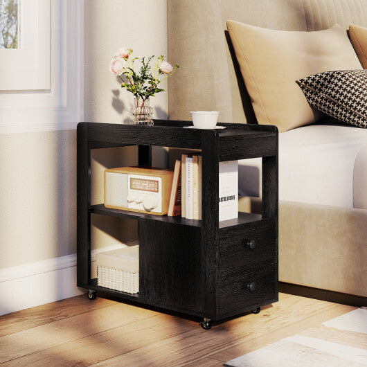 2-Drawer Sofa Side Table with Shelves for Living Room-Natural