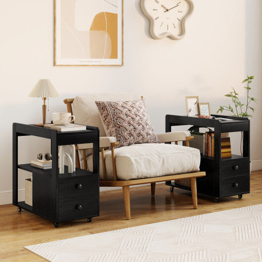 2-Drawer Sofa Side Table with Shelves for Living Room-Natural
