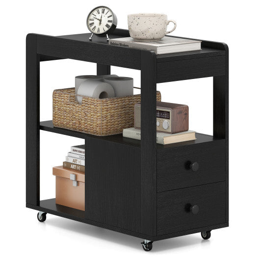2-Drawer Sofa Side Table with Shelves for Living Room-Natural