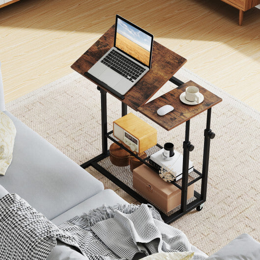 Mobile Stand up Desk Height Adjustable Standing Table with Tilting Tabletop-Oak
