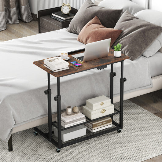 Mobile Stand up Desk Height Adjustable Standing Table with Tilting Tabletop-Oak