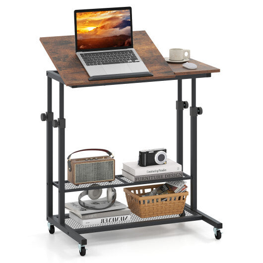 Mobile Stand up Desk Height Adjustable Standing Table with Tilting Tabletop-Oak