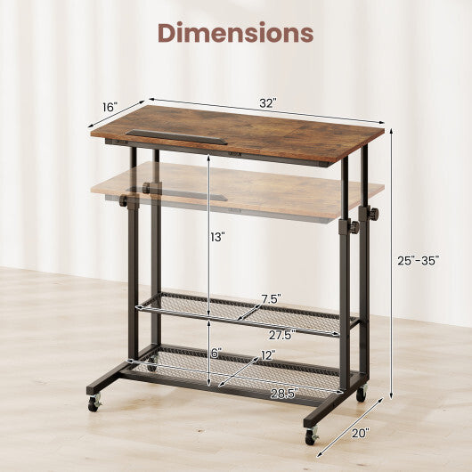 Mobile Stand up Desk Height Adjustable Standing Table with Tilting Tabletop-Oak