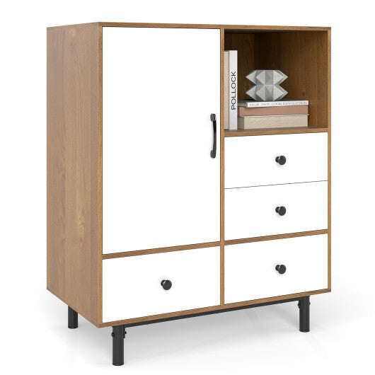 Buffet Sideboard Mid Century Modern Storage Cabinet with 4 Drawers and Open Compartment-Black