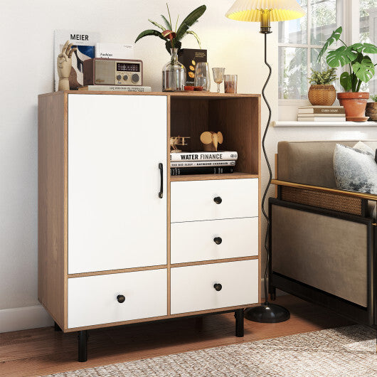 Buffet Sideboard Mid Century Modern Storage Cabinet with 4 Drawers and Open Compartment-Black