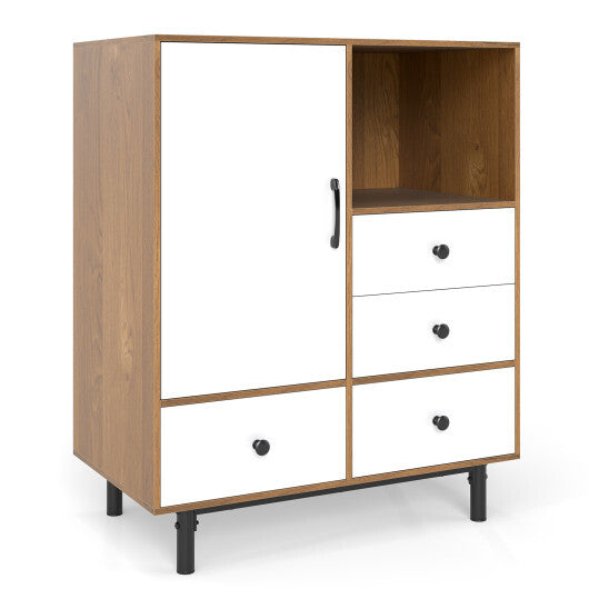 Buffet Sideboard Mid Century Modern Storage Cabinet with 4 Drawers and Open Compartment-Black