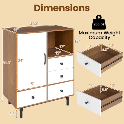 Buffet Sideboard Mid Century Modern Storage Cabinet with 4 Drawers and Open Compartment-Black