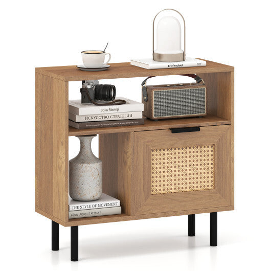 Accent Side End Table with Storage Shelf and Cabinet for Small Space-Natural