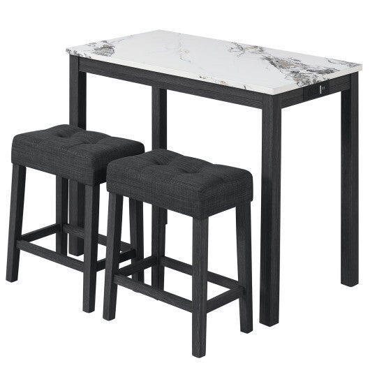 3-Piece Bar Table Set with Charging Station and Faux Marble Top-Gray
