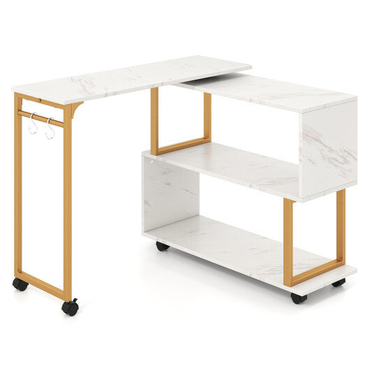 360 Rotating Sofa Side Table with Storage Bookcase and Hooks for Living Room-White