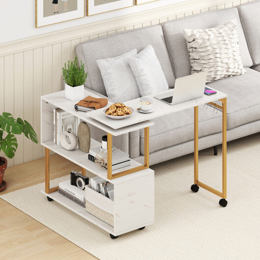 360 Rotating Sofa Side Table with Storage Bookcase and Hooks for Living Room-White