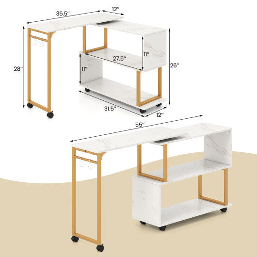 360 Rotating Sofa Side Table with Storage Bookcase and Hooks for Living Room-White