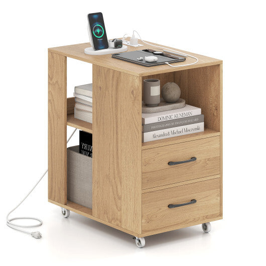 End Table with Built-in Charging Station Sofa Side Bedside Table on Wheels-White