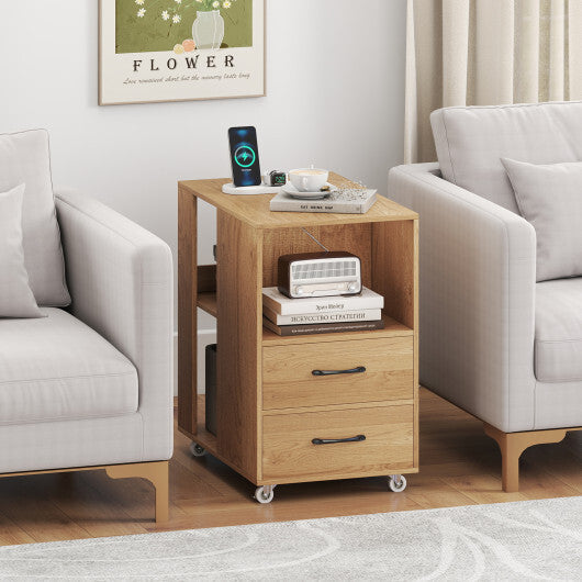 End Table with Built-in Charging Station Sofa Side Bedside Table on Wheels-White
