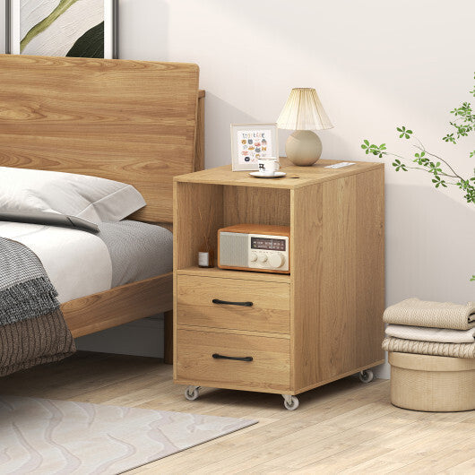 End Table with Built-in Charging Station Sofa Side Bedside Table on Wheels-White