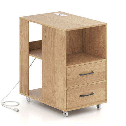 End Table with Built-in Charging Station Sofa Side Bedside Table on Wheels-White