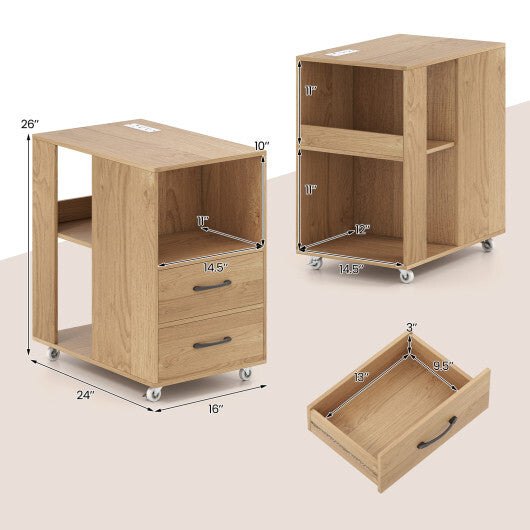 End Table with Built-in Charging Station Sofa Side Bedside Table on Wheels-White