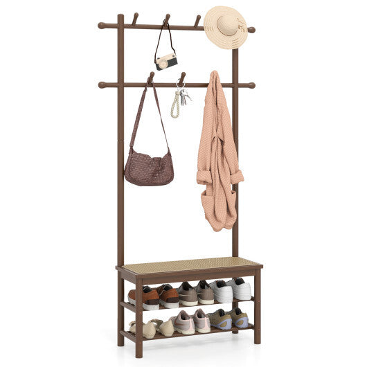 Bamboo Coat Rack PE Rattan Hall Tree with Bench and Shoe Storage 3-In-1 Entryway Bench-Natural