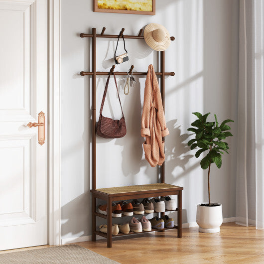 Bamboo Coat Rack PE Rattan Hall Tree with Bench and Shoe Storage 3-In-1 Entryway Bench-Natural