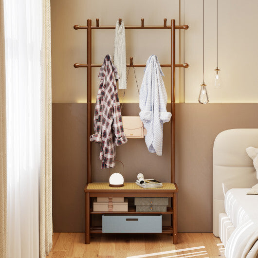 Bamboo Coat Rack PE Rattan Hall Tree with Bench and Shoe Storage 3-In-1 Entryway Bench-Natural