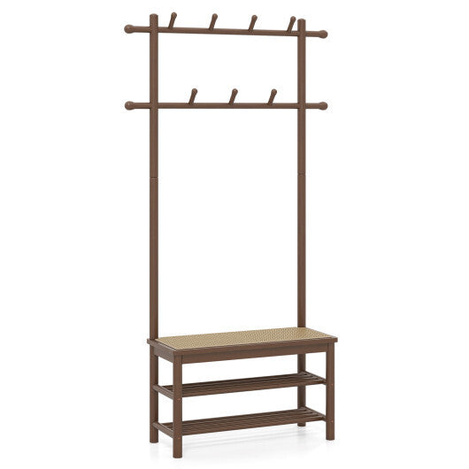 Bamboo Coat Rack PE Rattan Hall Tree with Bench and Shoe Storage 3-In-1 Entryway Bench-Natural