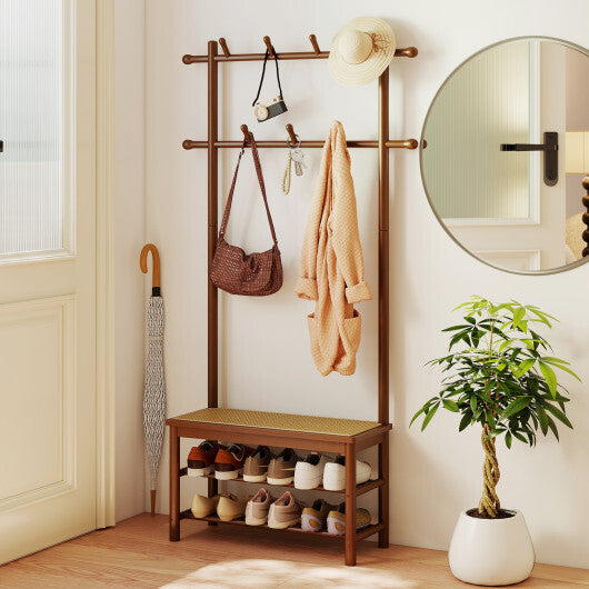 Bamboo Coat Rack PE Rattan Hall Tree with Bench and Shoe Storage 3-In-1 Entryway Bench-Natural
